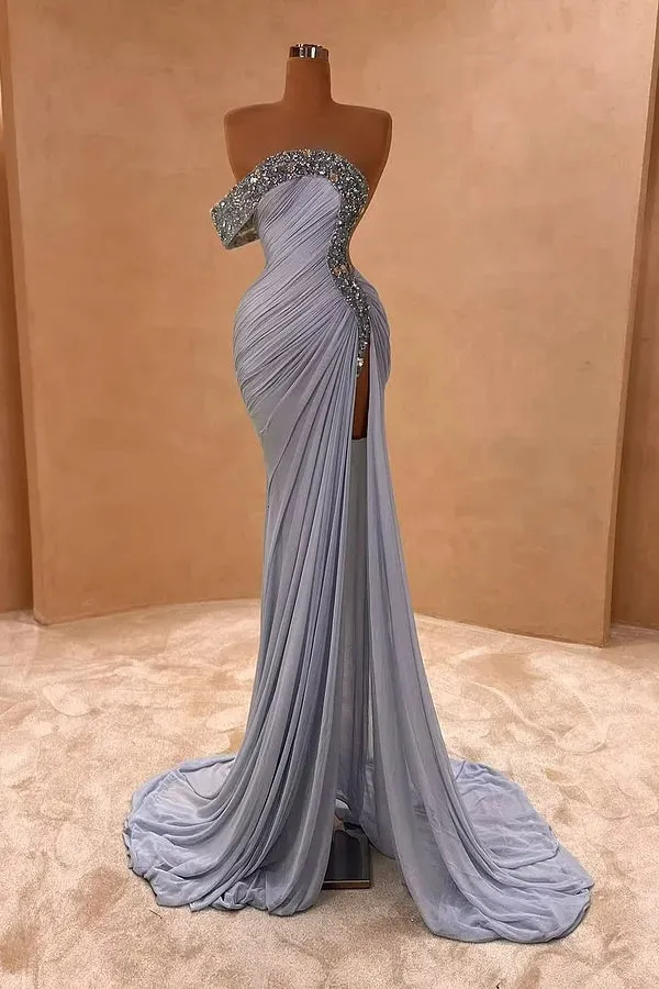 One shoulder Cap Sleeves Gray High Split Floor length Prom Dresses