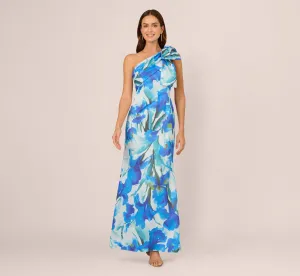 One Shoulder Floral Print Mermaid Gown In Blue Multi