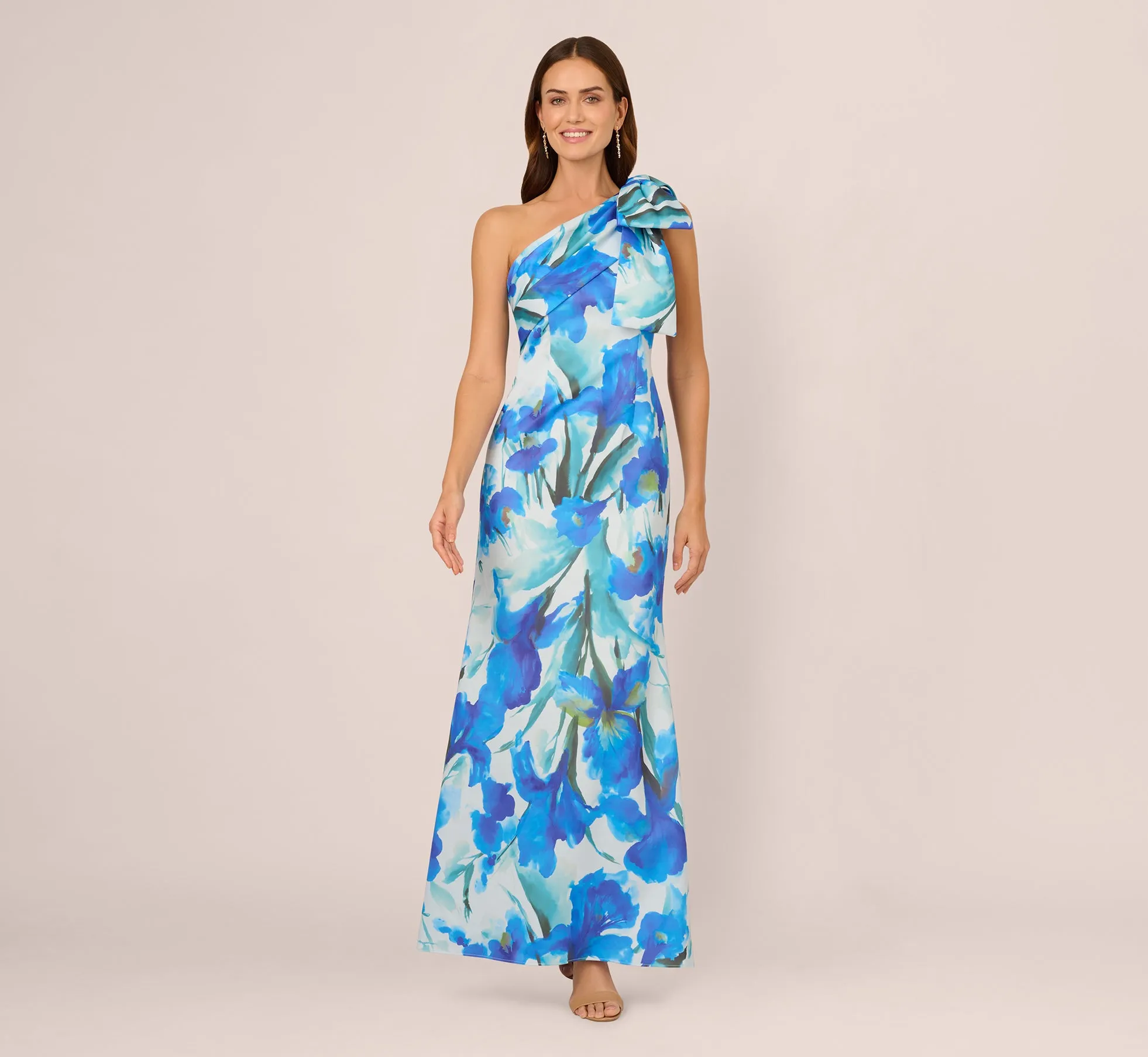 One Shoulder Floral Print Mermaid Gown In Blue Multi