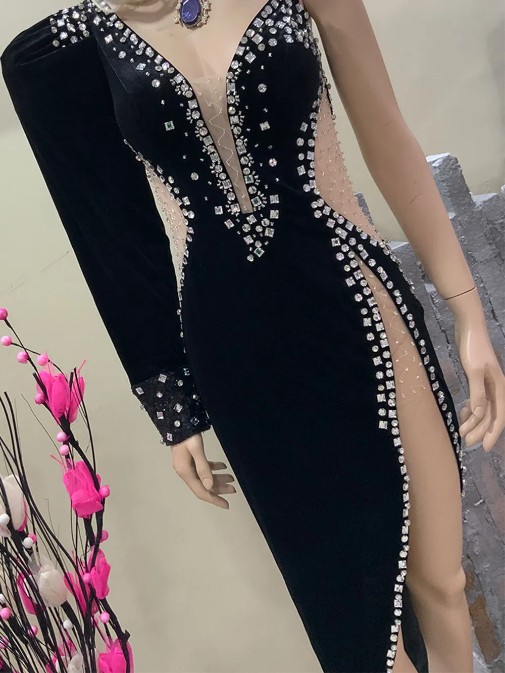 One Shoulder Long Sleeve Rhinestone Bodycon Dress HT821