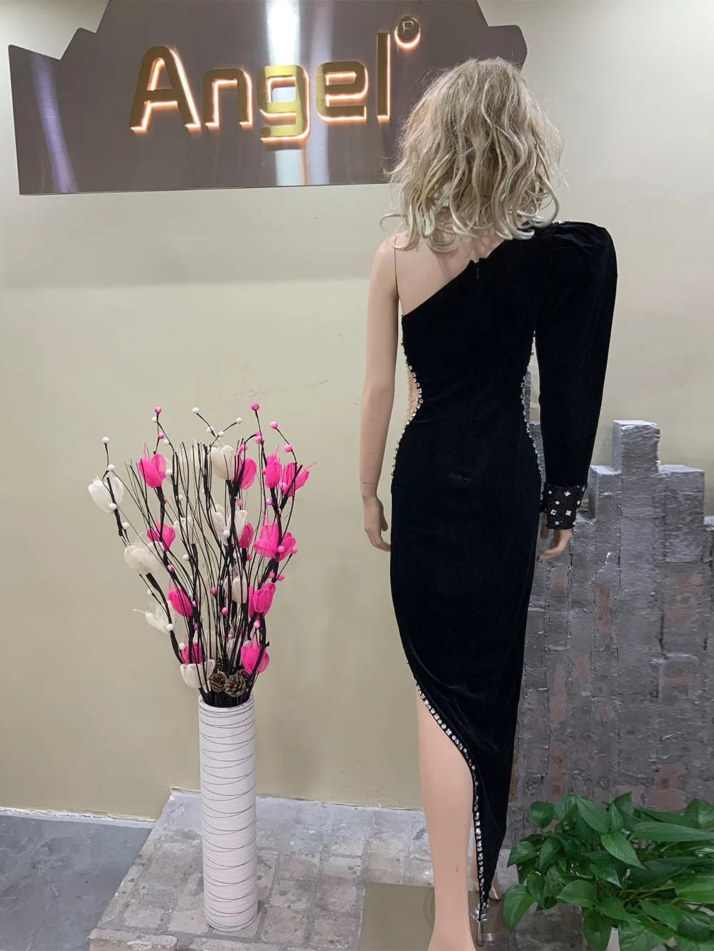One Shoulder Long Sleeve Rhinestone Bodycon Dress HT821