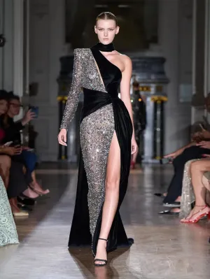 One Shoulder Long Sleeve Splicing Maxi Dress KLYF1299