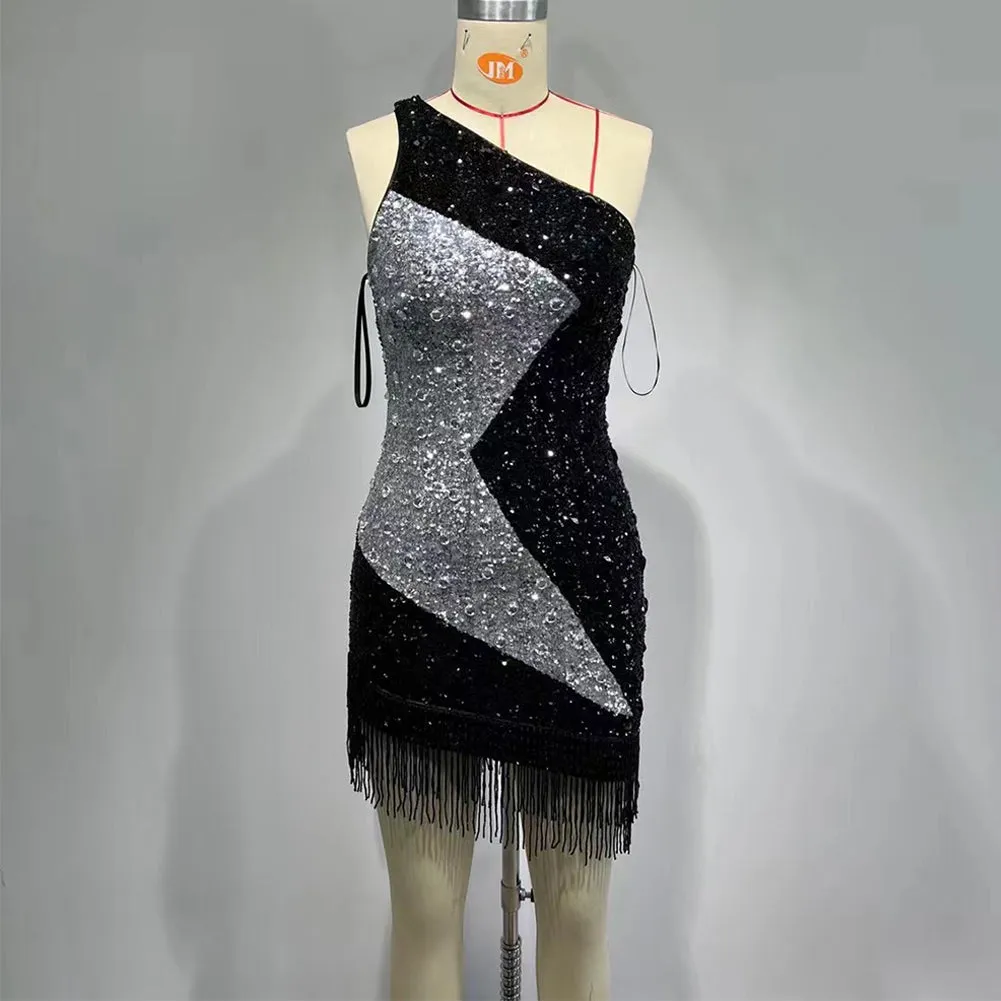 One Shoulder Mashup Bead Piece Mini Bodycon Dress HT941