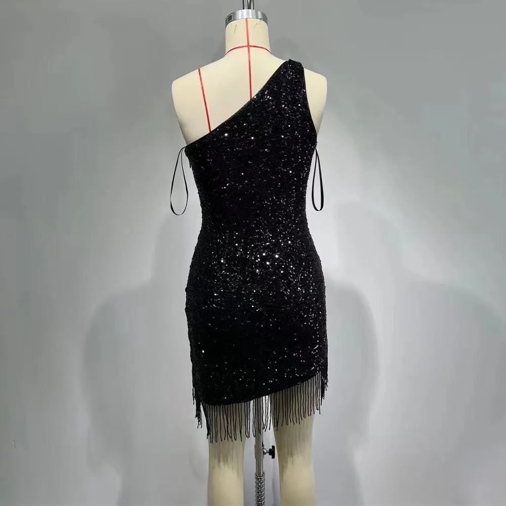 One Shoulder Mashup Bead Piece Mini Bodycon Dress HT941