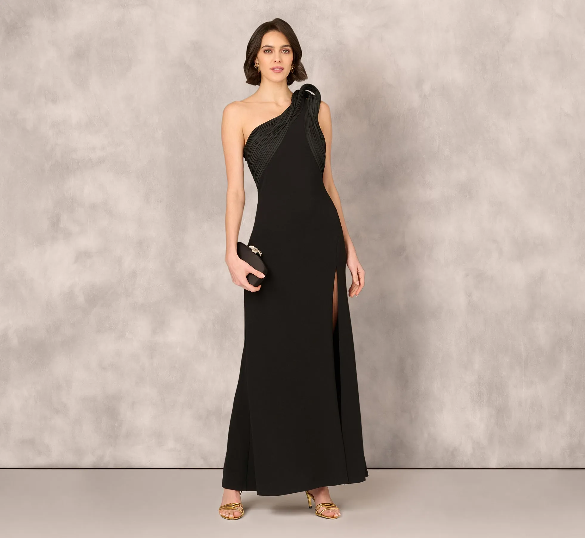 One Shoulder Pleated Detail Mermaid Gown In Black
