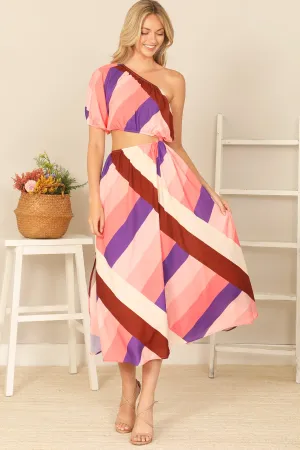 ONE SHOULDER PUFF SLEEVE WAIST CUT-OUT DRESS