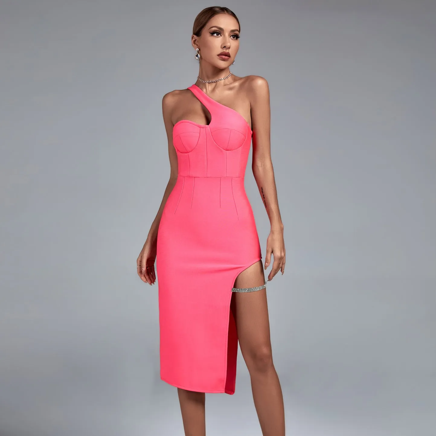 One Shoulder Sleeveless Midi Bandage Dress