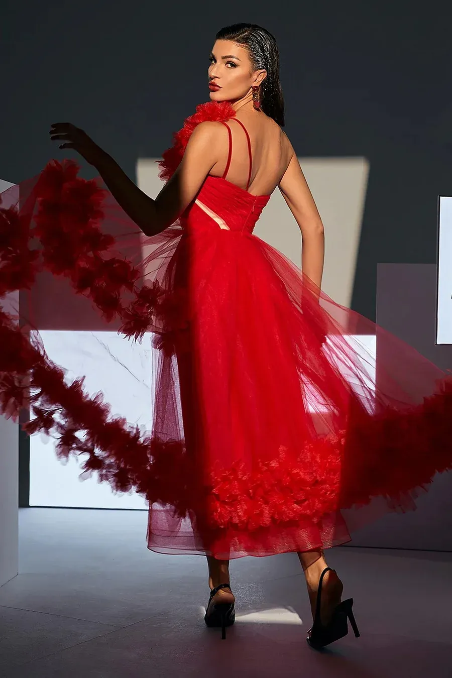 One Shoulder Sleeveless Puffy Long Dress HT878
