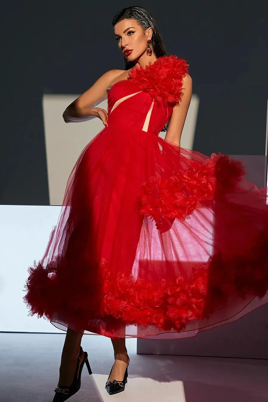 One Shoulder Sleeveless Puffy Long Dress HT878