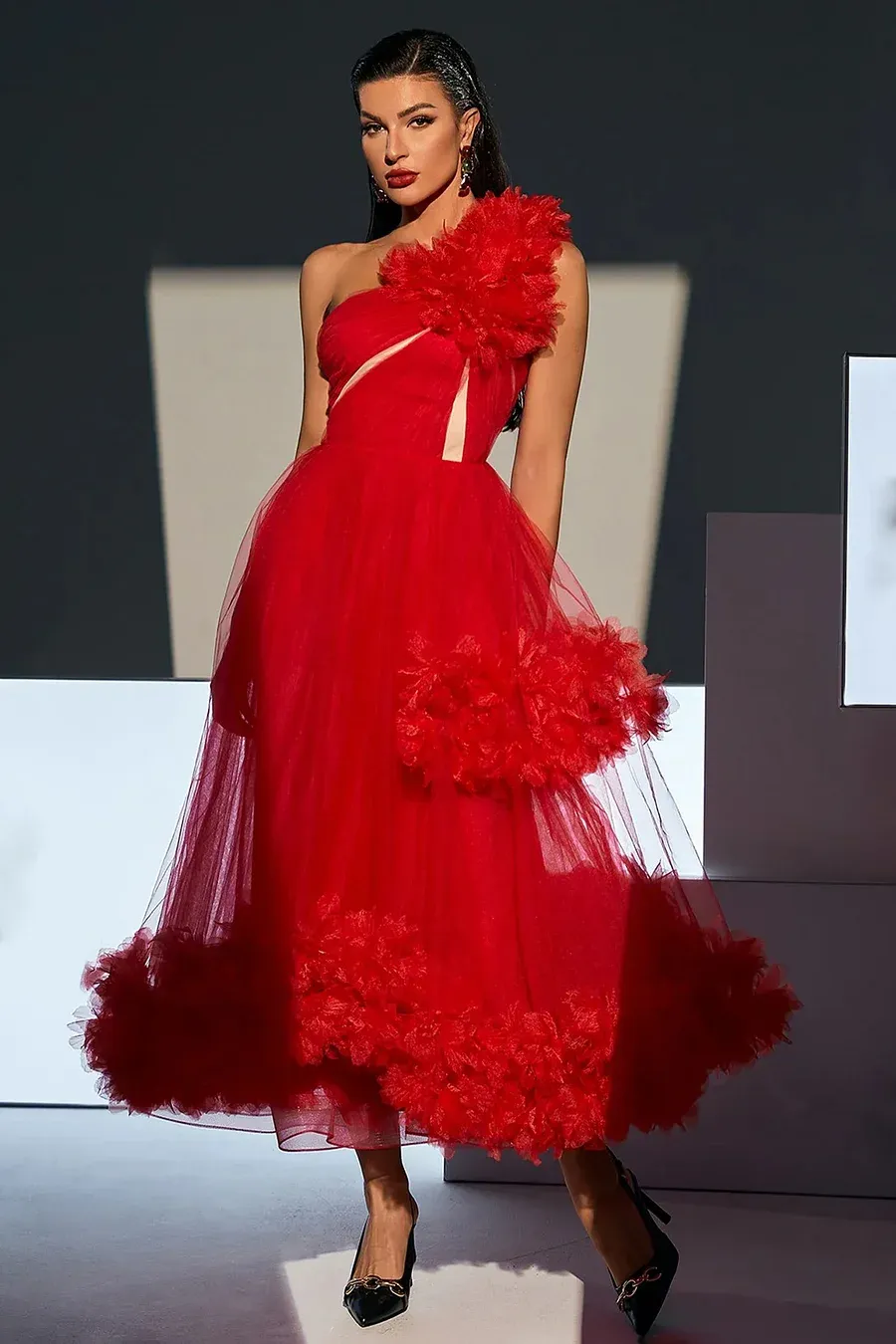 One Shoulder Sleeveless Puffy Long Dress HT878