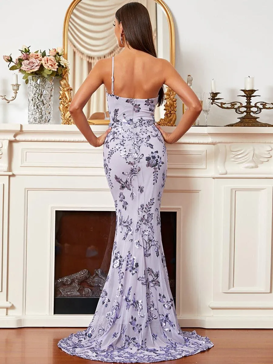 One Shoulder Sleeveless Sequin Purple Dress XH2011