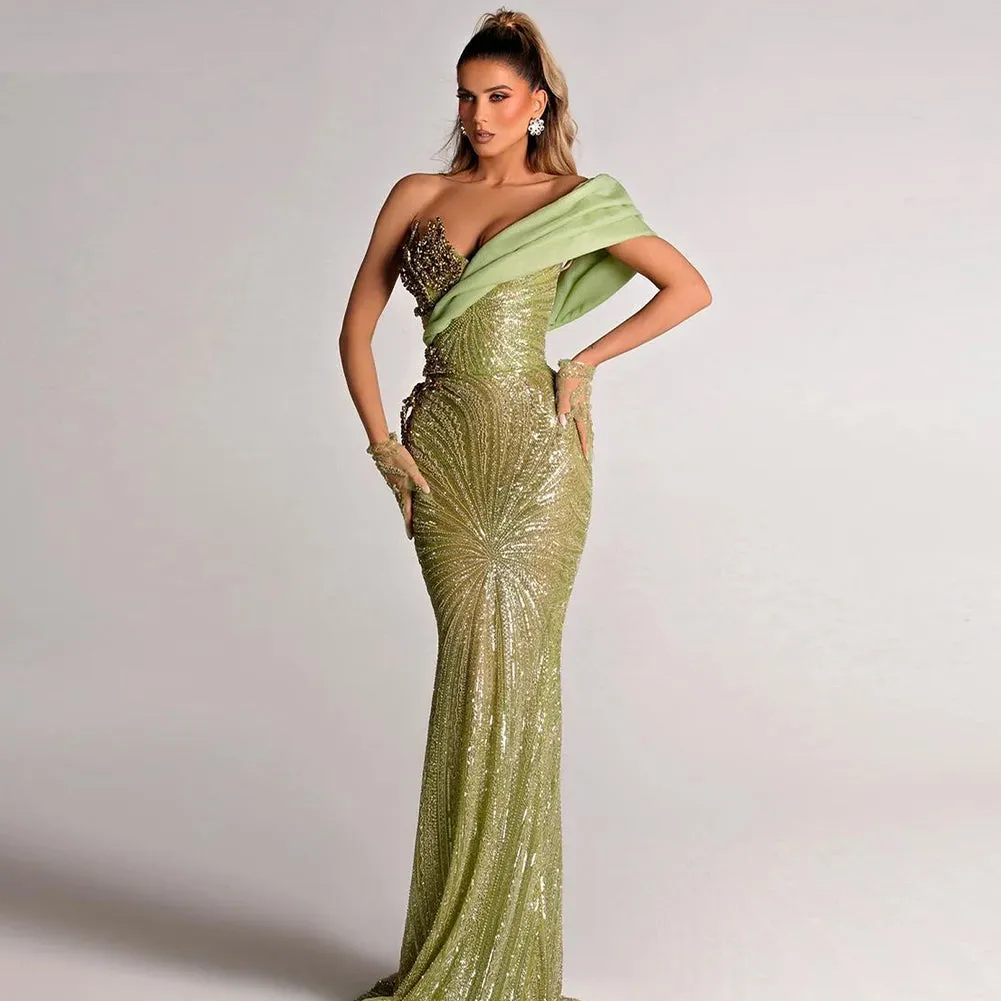 One Shoulder Sleeveless Sequins Maxi Bodycon Dress HT11550