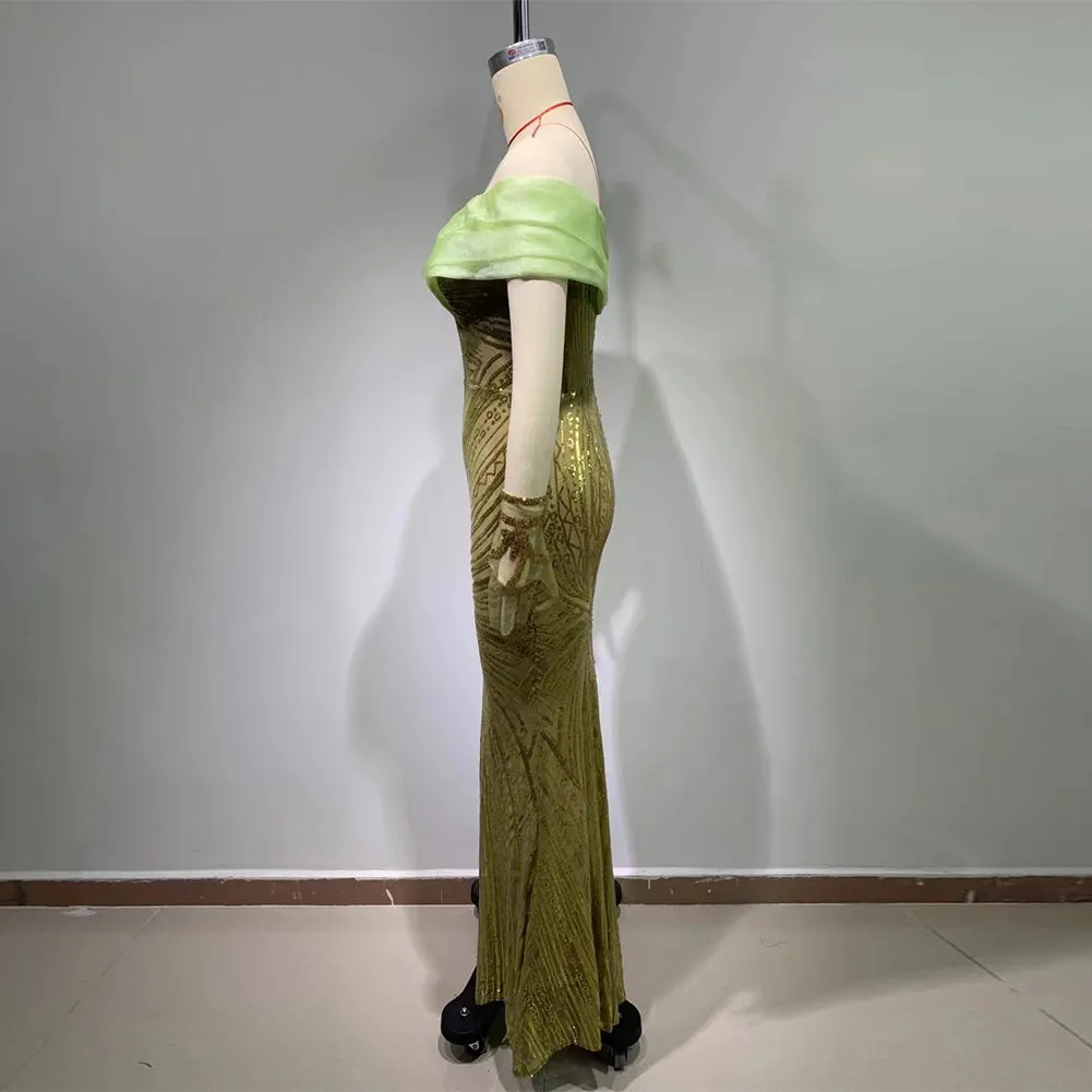 One Shoulder Sleeveless Sequins Maxi Bodycon Dress HT11550