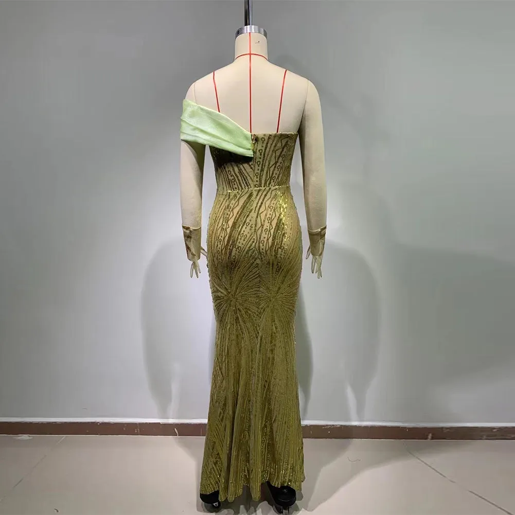 One Shoulder Sleeveless Sequins Maxi Bodycon Dress HT11550