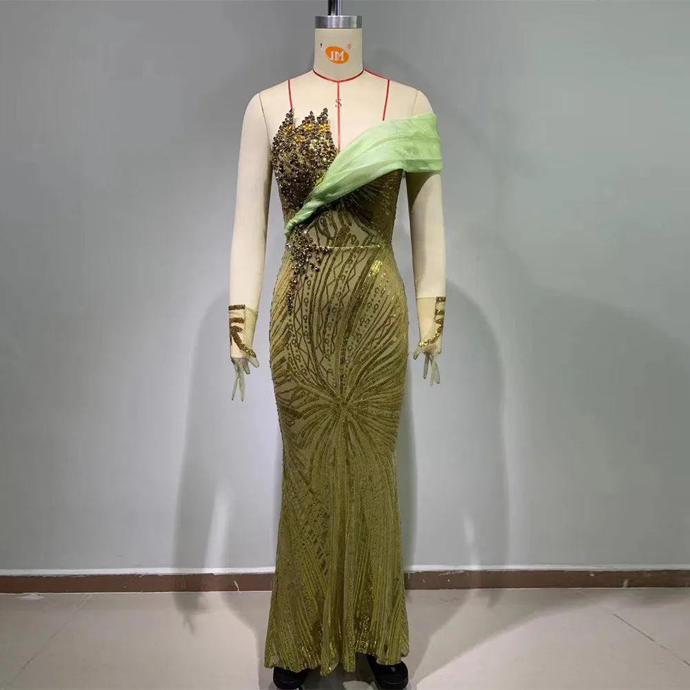 One Shoulder Sleeveless Sequins Maxi Bodycon Dress HT11550
