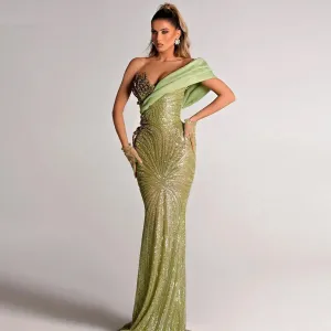 One Shoulder Sleeveless Sequins Maxi Bodycon Dress HT11550