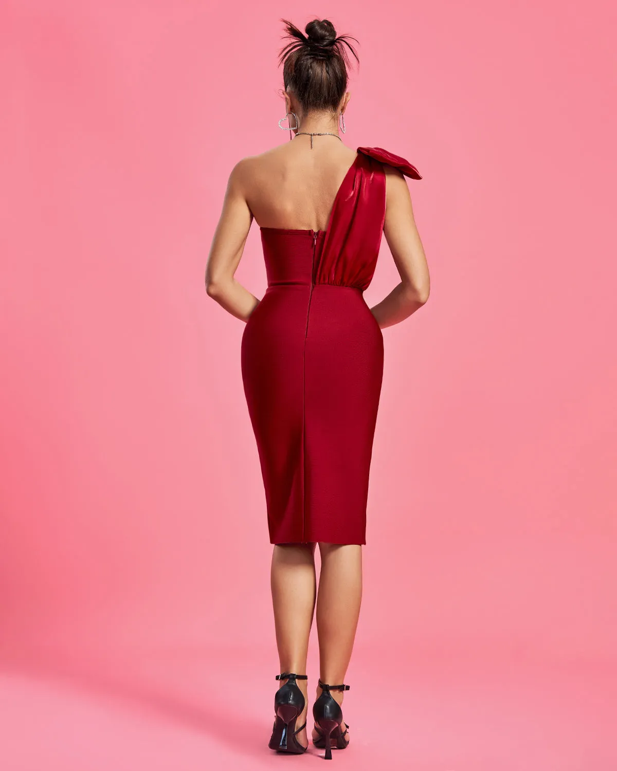 One Shoulder With Bow Midi Bandage Dress