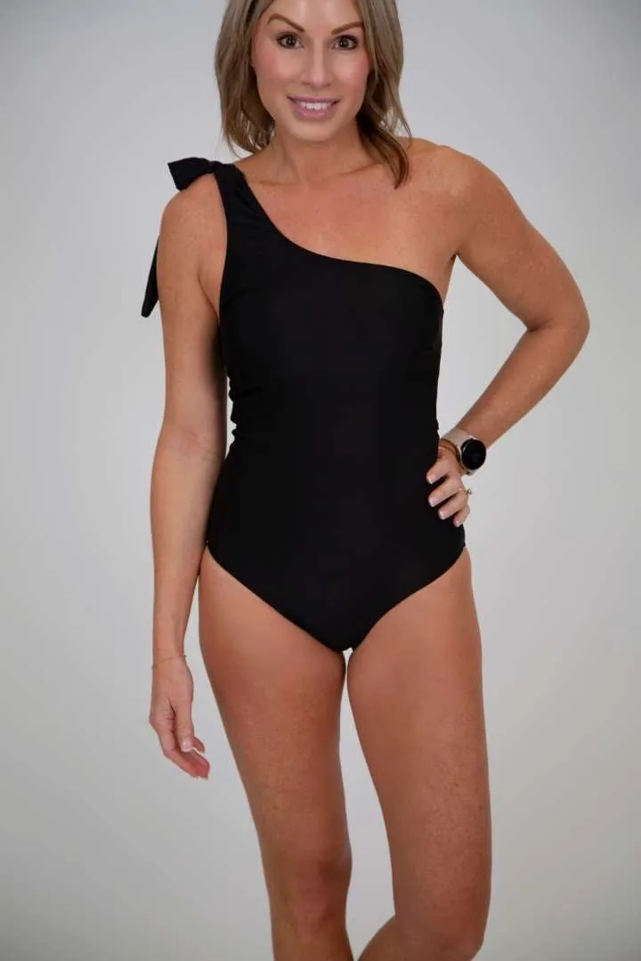 One Shoulder with Tie Ribbon Swimsuit (Black)