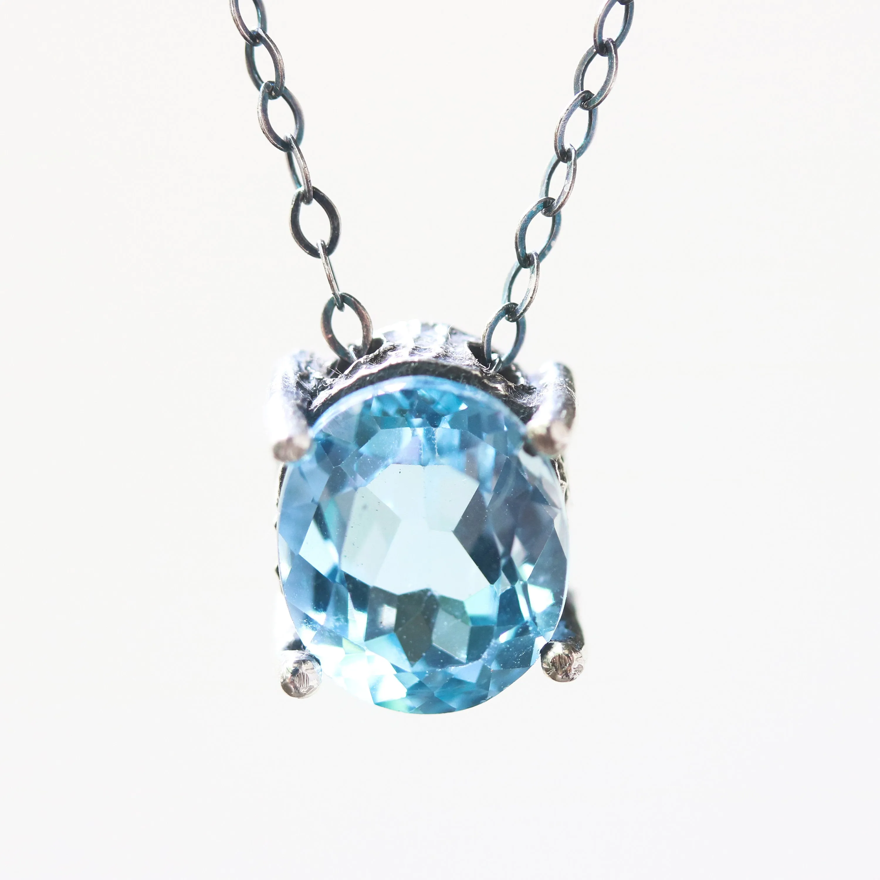 Oval Blue topaz pendant necklace in silver bezel and prongs setting with aquamarine beads secondary on oxidized sterling silver chain
