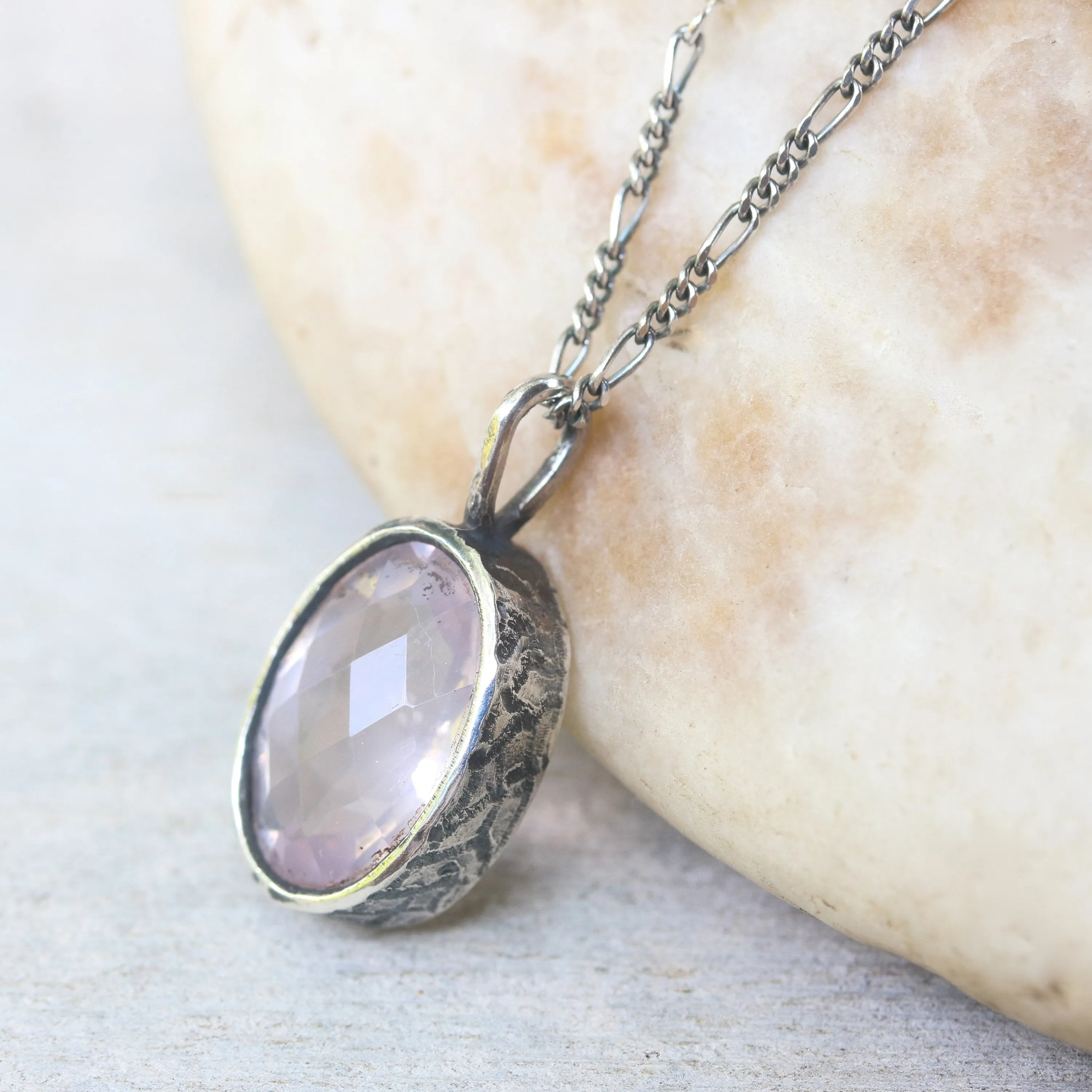Oval faceted Rose quartz gemstone pendant necklace in silver bezel setting with moonstone beads secondary