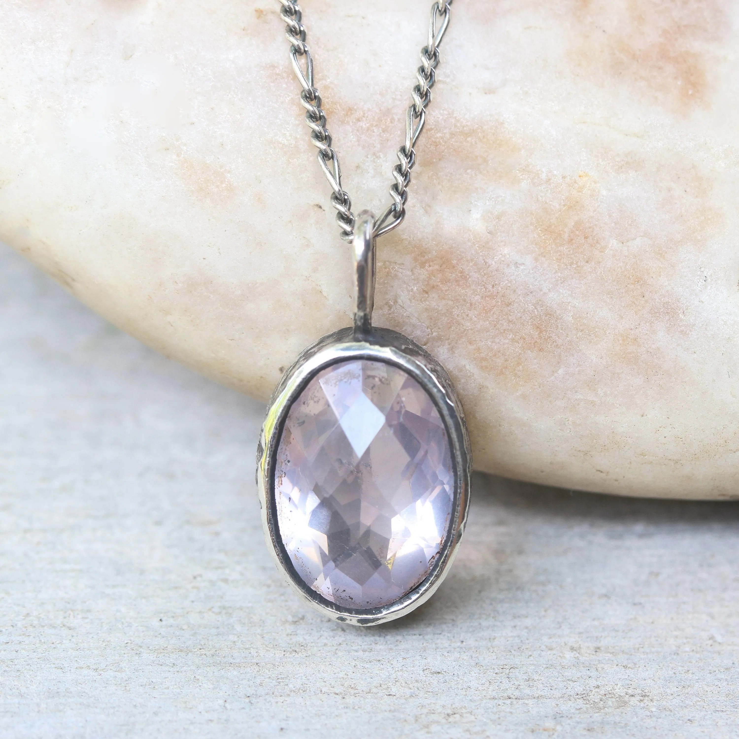 Oval faceted Rose quartz gemstone pendant necklace in silver bezel setting with moonstone beads secondary