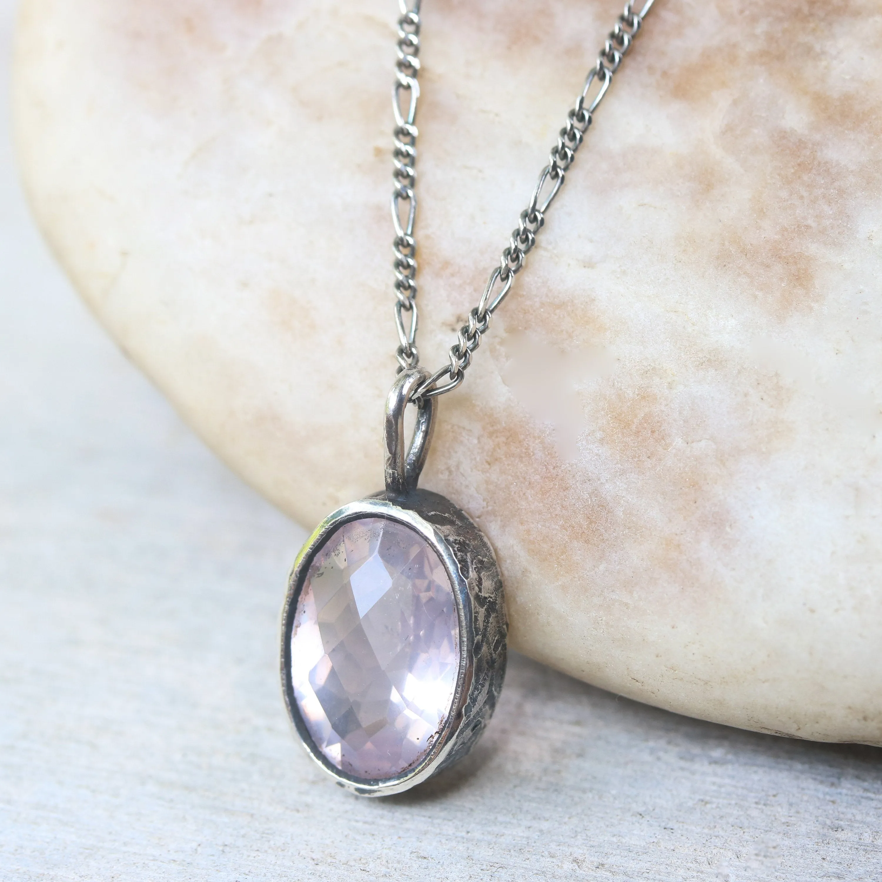 Oval faceted Rose quartz gemstone pendant necklace in silver bezel setting with moonstone beads secondary