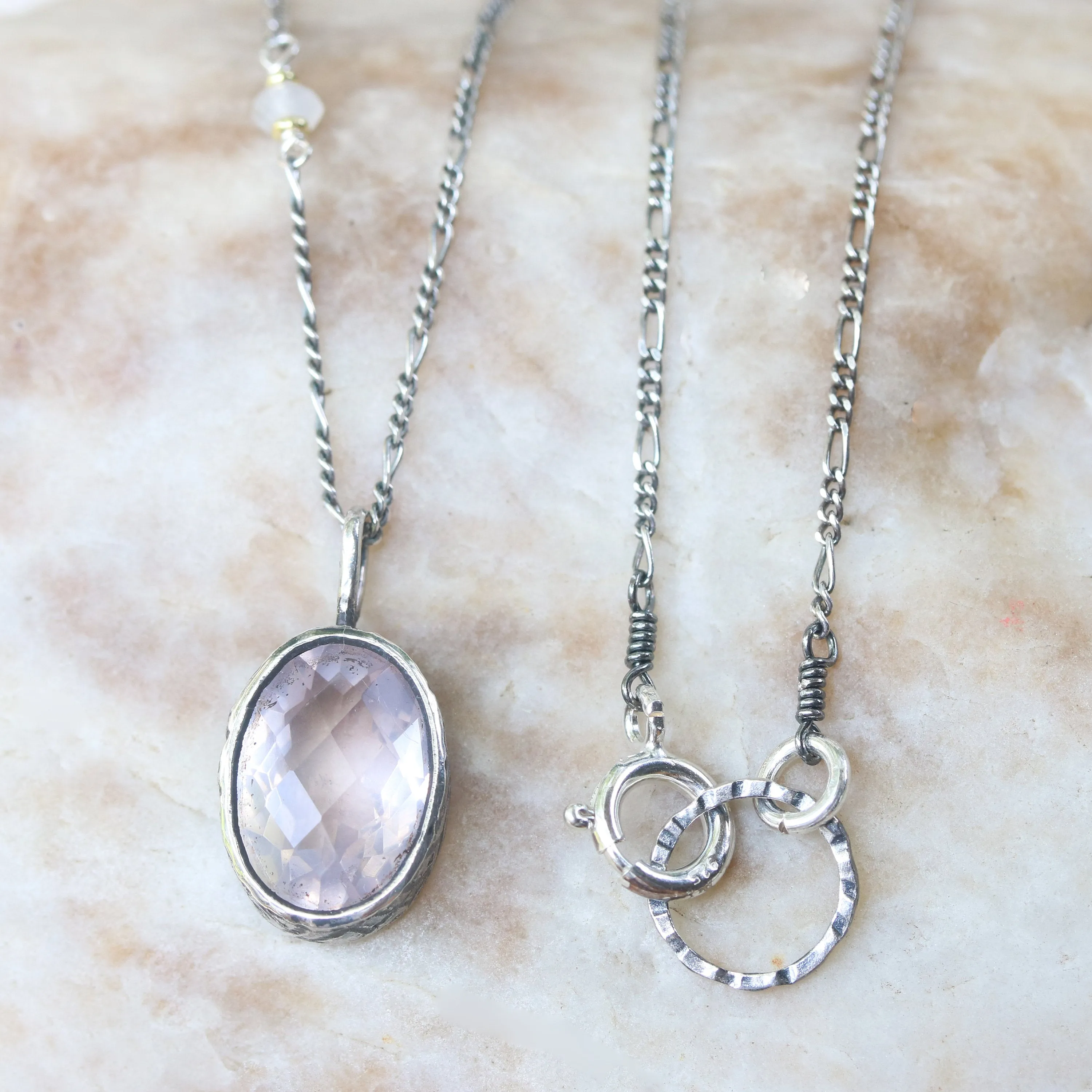 Oval faceted Rose quartz gemstone pendant necklace in silver bezel setting with moonstone beads secondary