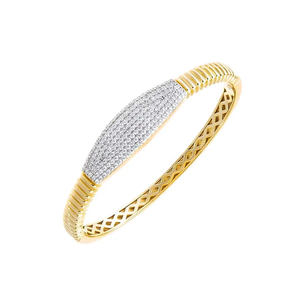 Pave Graduated Wide Bar Ridged Bangle Bracelet