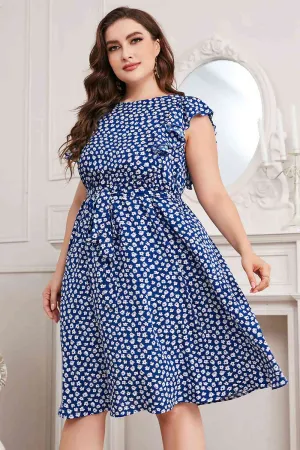 Plus Size All Over Print Round Neck Tie Waist Dress