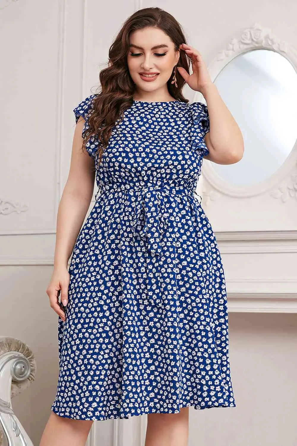 Plus Size All Over Print Round Neck Tie Waist Dress