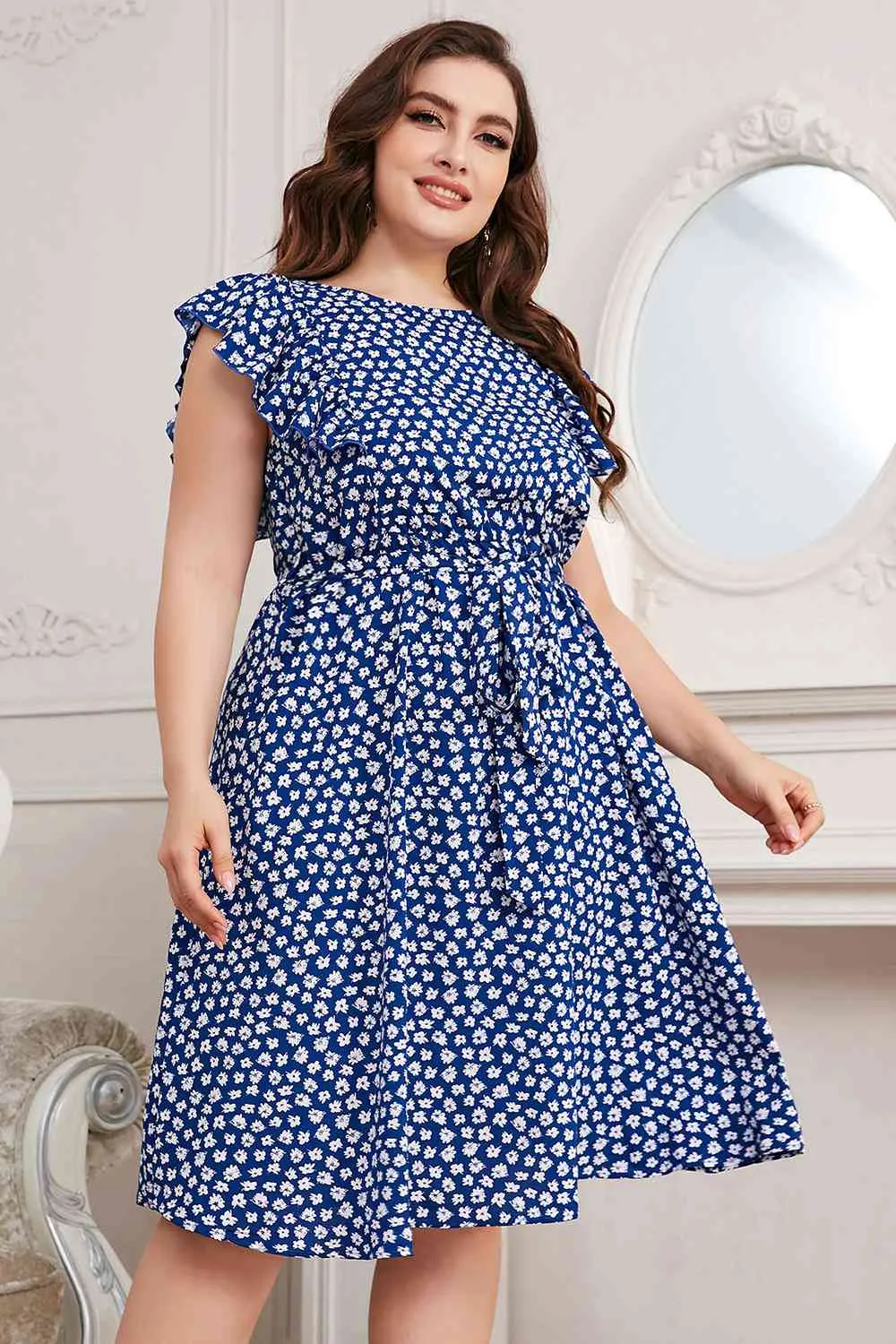 Plus Size All Over Print Round Neck Tie Waist Dress