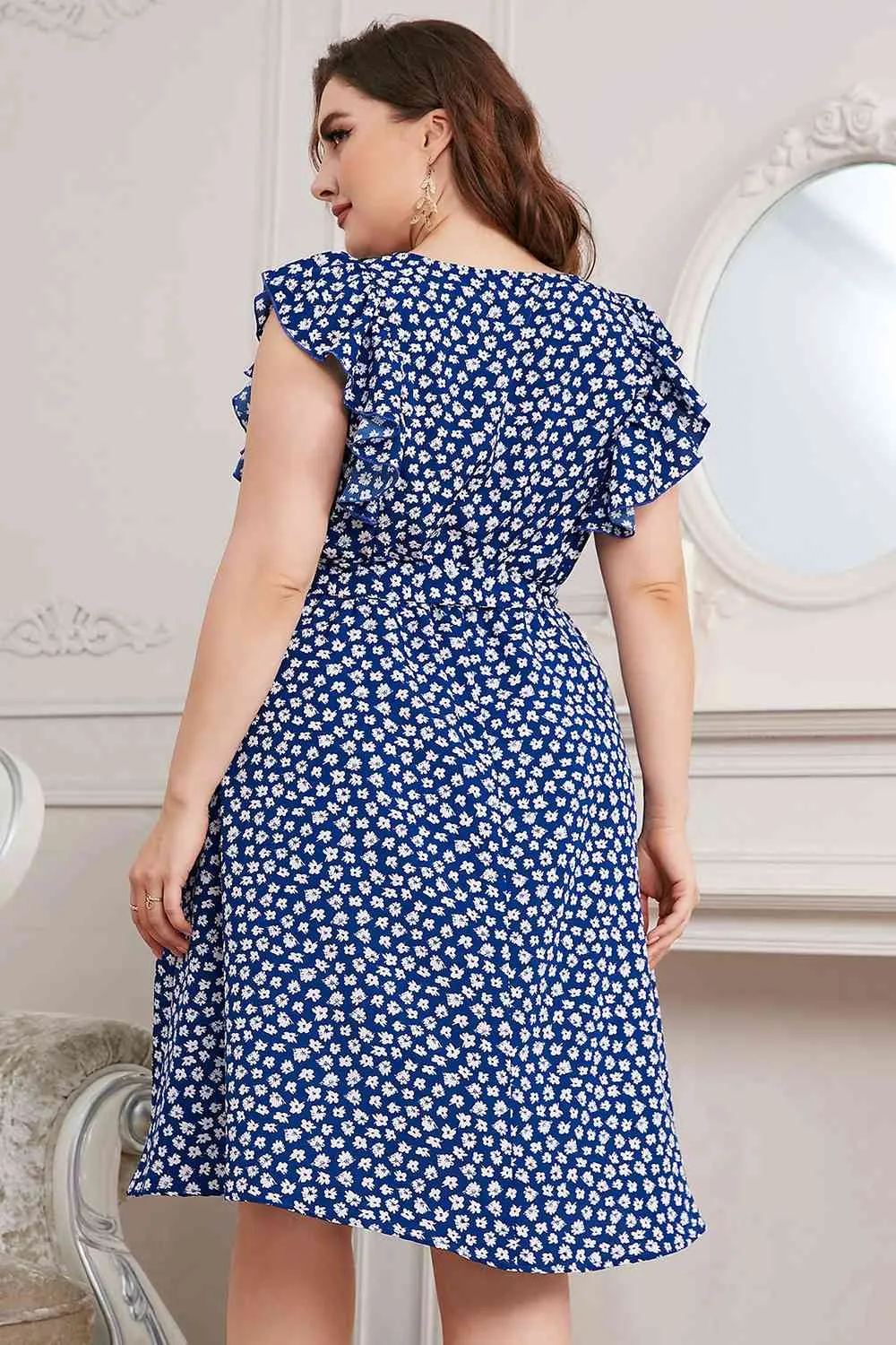Plus Size All Over Print Round Neck Tie Waist Dress