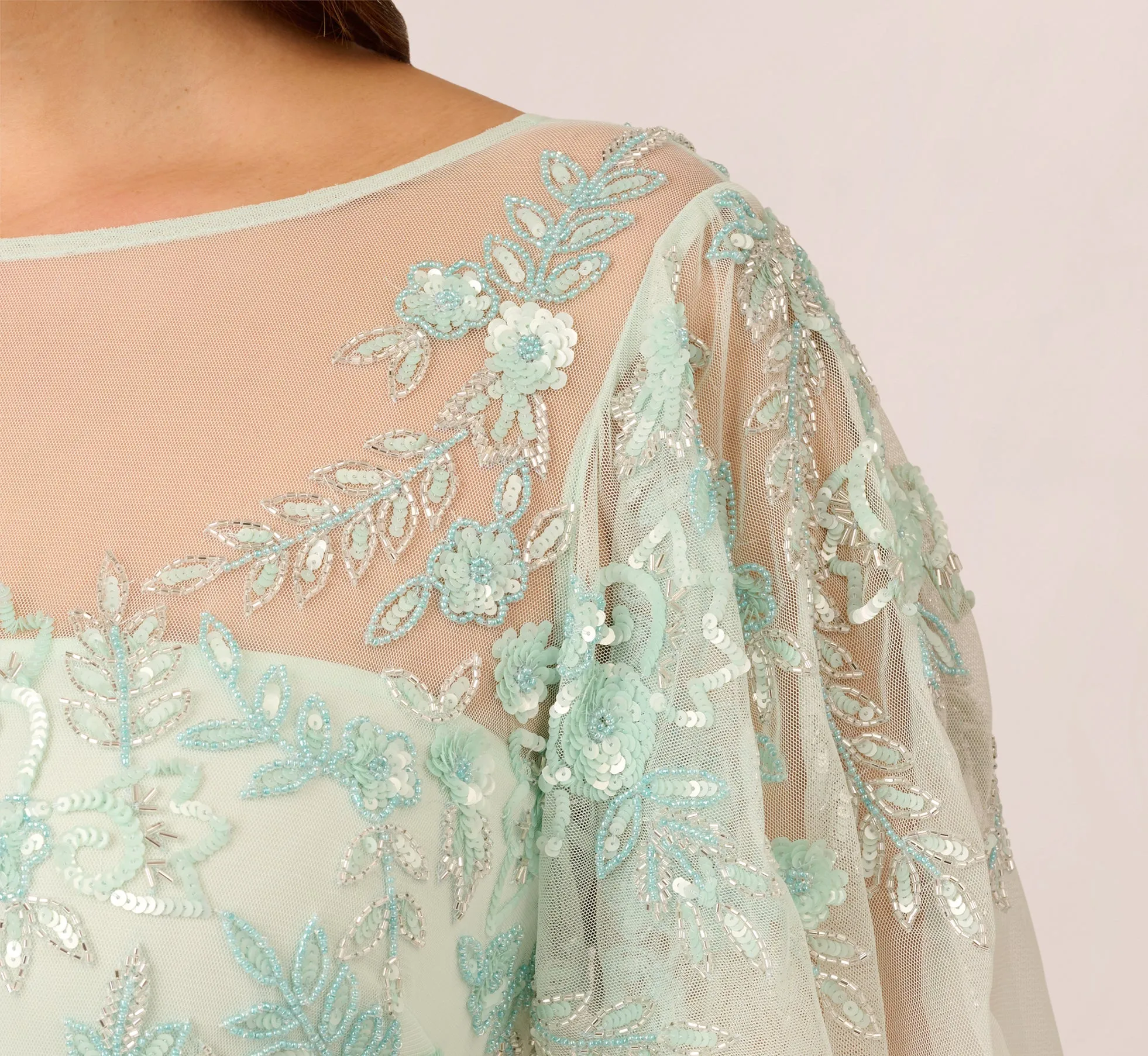 Plus Size Hand-Beaded Illusion Long Gown With Flutter Sleeves In Mint Glass