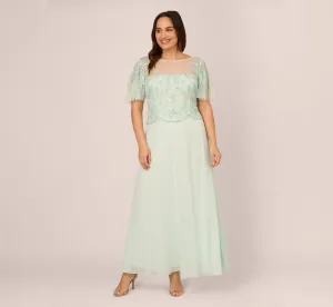 Plus Size Hand-Beaded Illusion Long Gown With Flutter Sleeves In Mint Glass