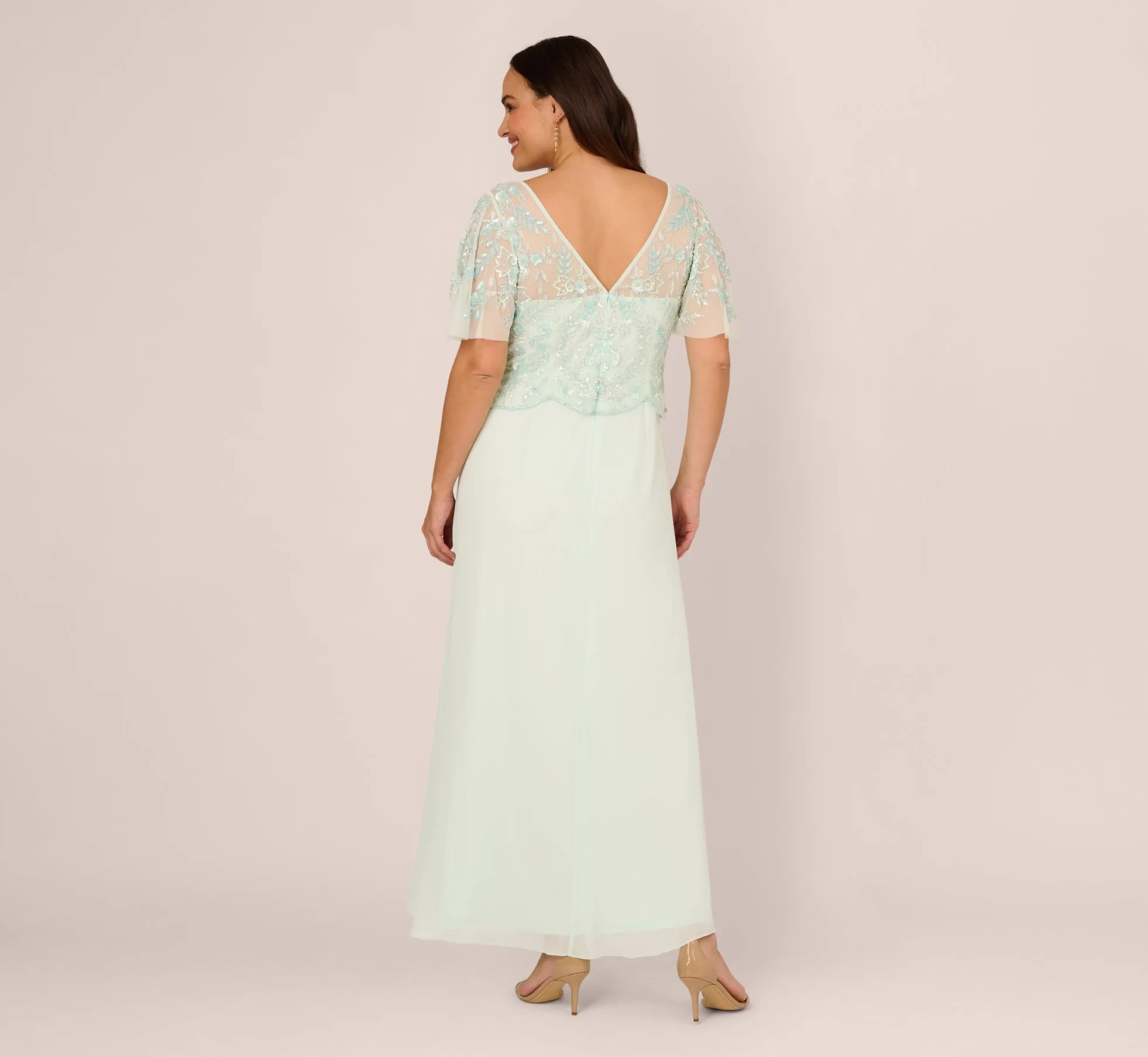 Plus Size Hand-Beaded Illusion Long Gown With Flutter Sleeves In Mint Glass