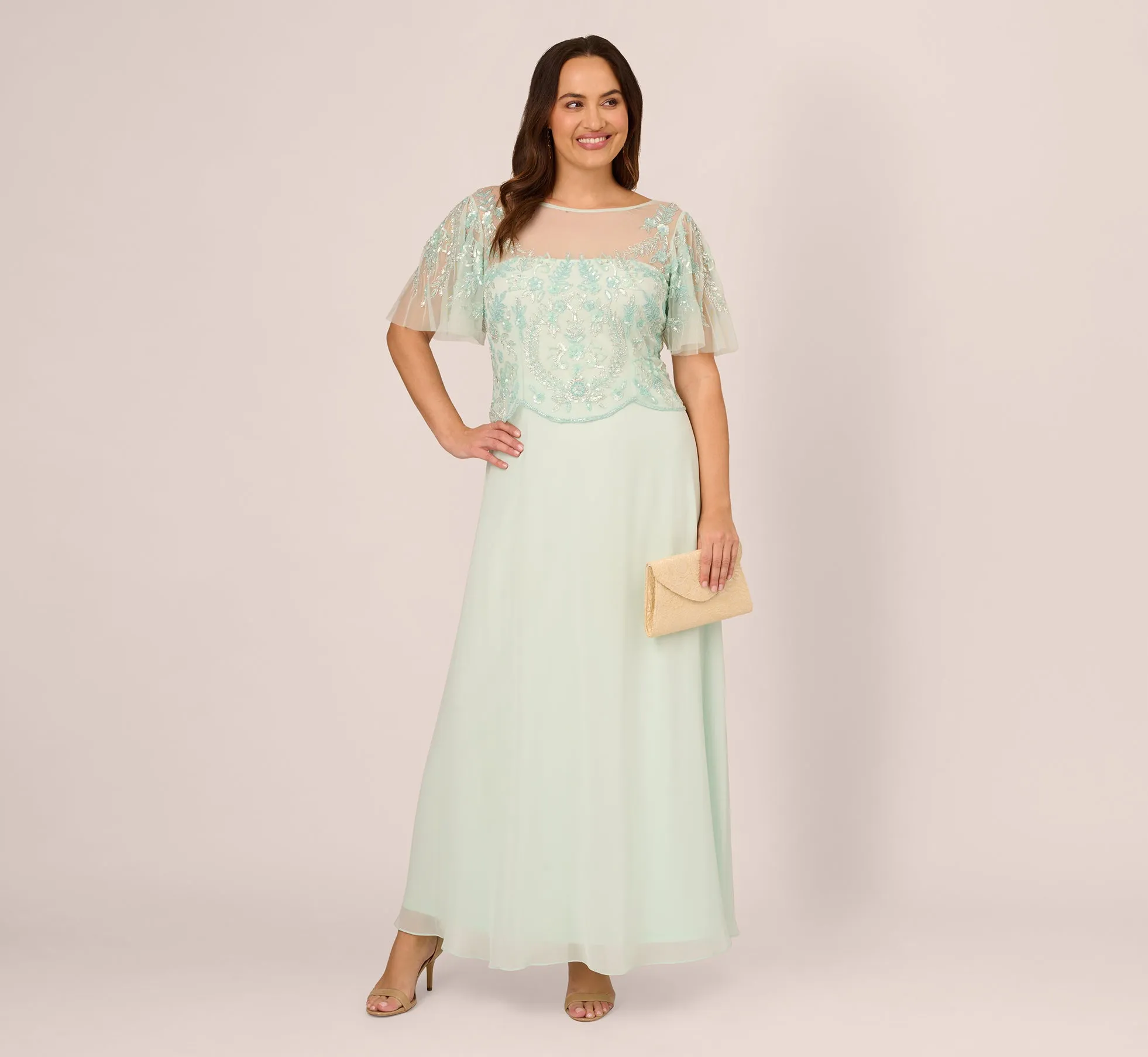 Plus Size Hand-Beaded Illusion Long Gown With Flutter Sleeves In Mint Glass