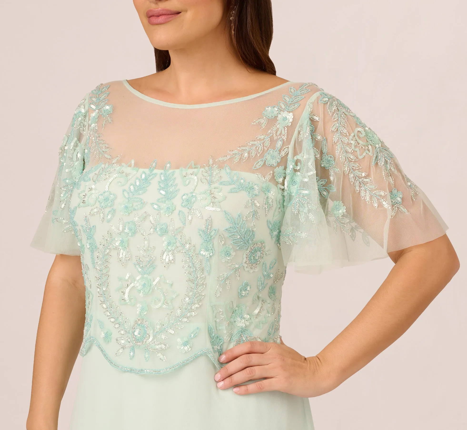 Plus Size Hand-Beaded Illusion Long Gown With Flutter Sleeves In Mint Glass