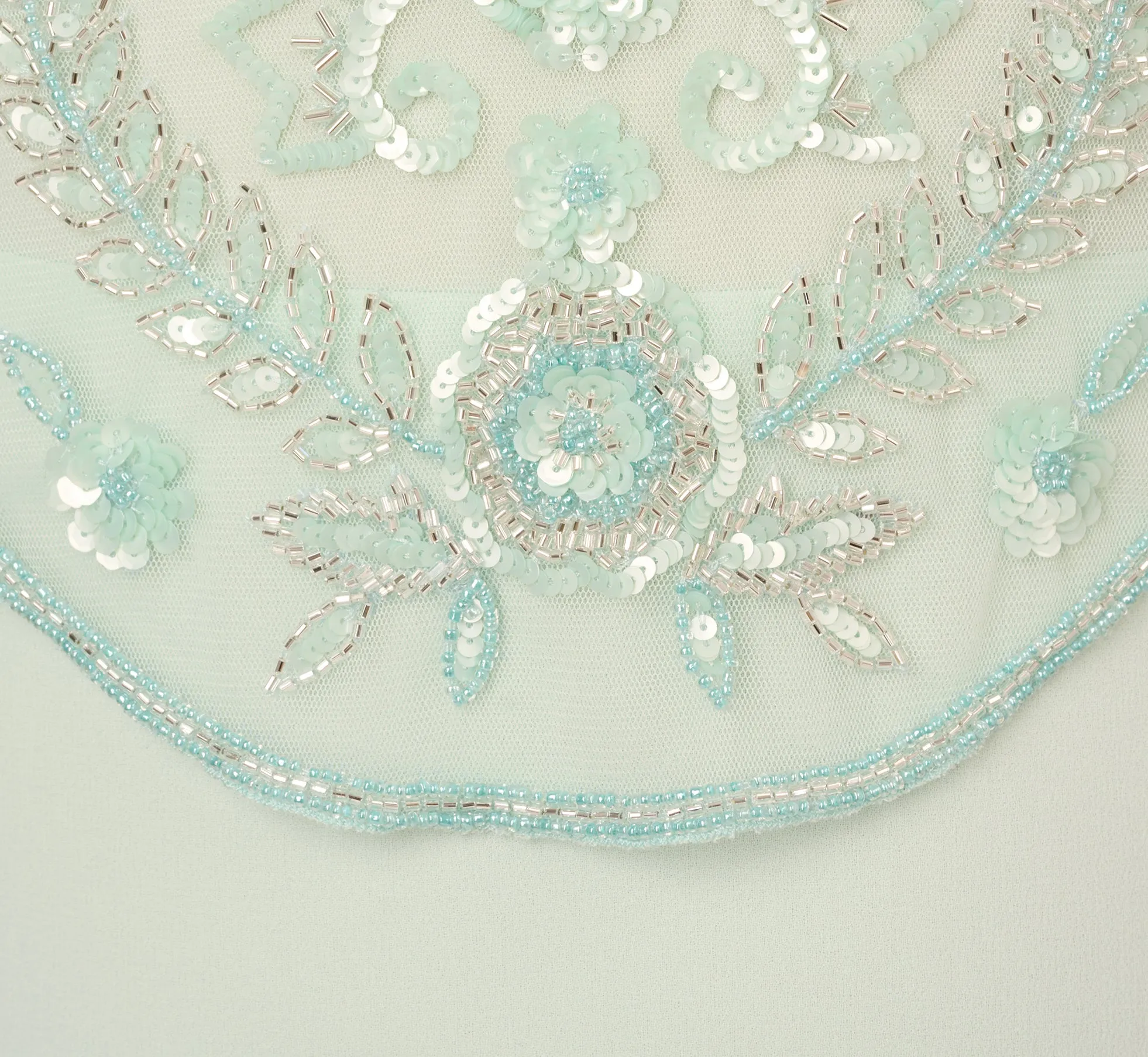 Plus Size Hand-Beaded Illusion Long Gown With Flutter Sleeves In Mint Glass