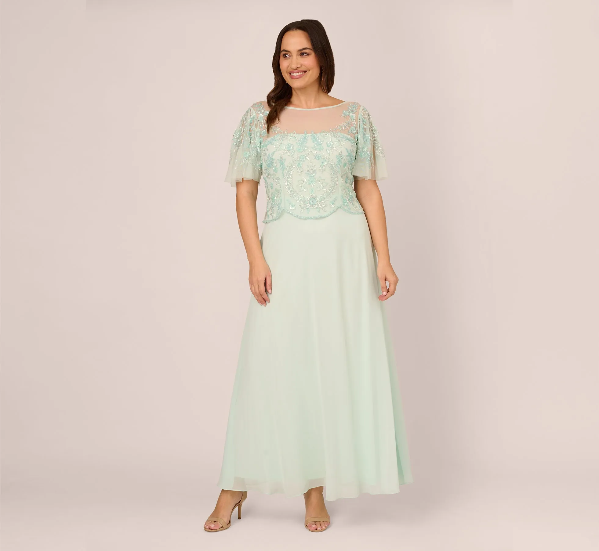 Plus Size Hand-Beaded Illusion Long Gown With Flutter Sleeves In Mint Glass