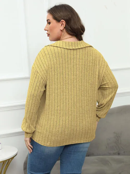 Plus Size Ribbed Collared Neck Long Sleeve Blouse (4 Colors)