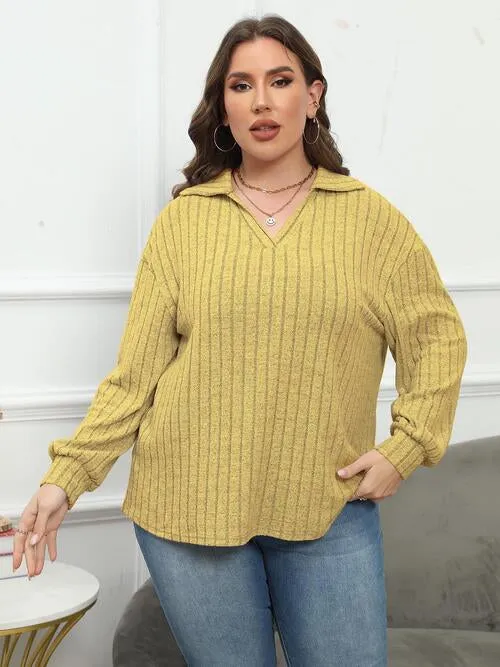 Plus Size Ribbed Collared Neck Long Sleeve Blouse (4 Colors)