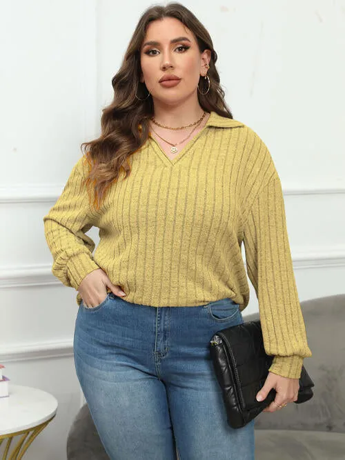 Plus Size Ribbed Collared Neck Long Sleeve Blouse (4 Colors)