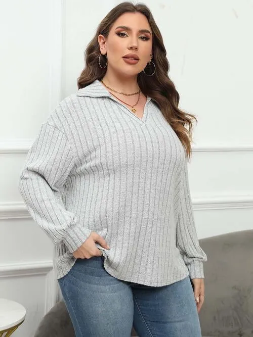 Plus Size Ribbed Collared Neck Long Sleeve Blouse (4 Colors)