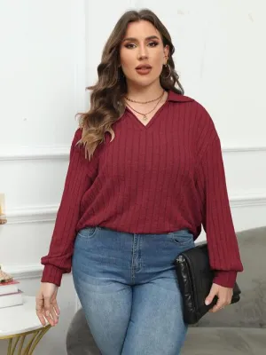 Plus Size Ribbed Collared Neck Long Sleeve Blouse (4 Colors)