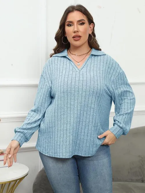 Plus Size Ribbed Collared Neck Long Sleeve Blouse (4 Colors)