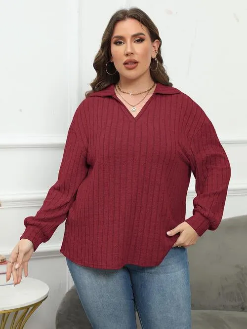Plus Size Ribbed Collared Neck Long Sleeve Blouse (4 Colors)