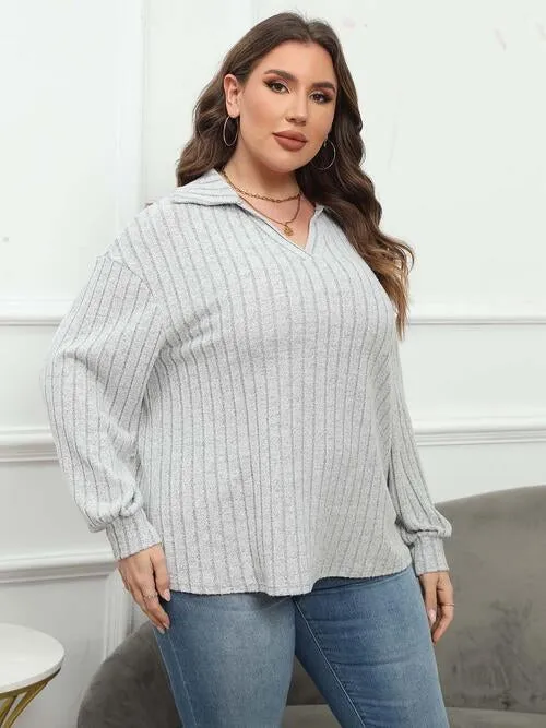 Plus Size Ribbed Collared Neck Long Sleeve Blouse (4 Colors)