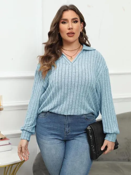 Plus Size Ribbed Collared Neck Long Sleeve Blouse (4 Colors)