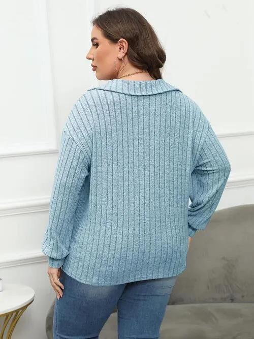 Plus Size Ribbed Collared Neck Long Sleeve Blouse (4 Colors)