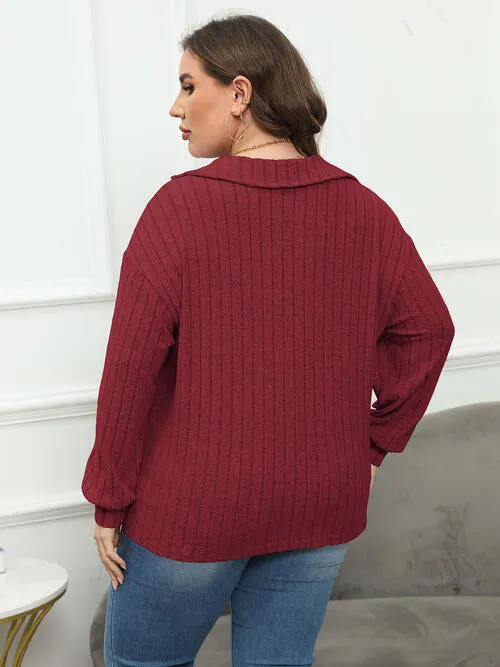 Plus Size Ribbed Collared Neck Long Sleeve Blouse (4 Colors)